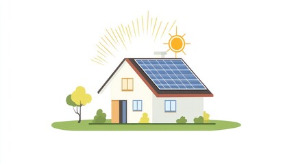 Solar panels on house roof, sunny day, green lawn, sustainable energy