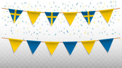Vector illustration of the country flag of Sweden with confetti on transparent background. hanging triangular flag for Independence Day celebration.