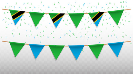 Vector illustration of the country flag of Tanzania with confetti on transparent background. hanging triangular flag for Independence Day celebration.