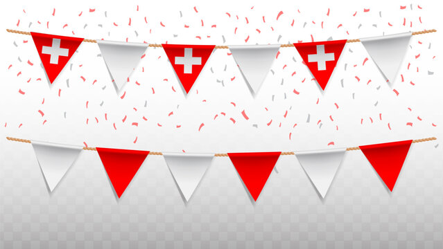 Vector illustration of the country flag of Switzerland with confetti on transparent background. hanging triangular flag for Independence Day celebration.