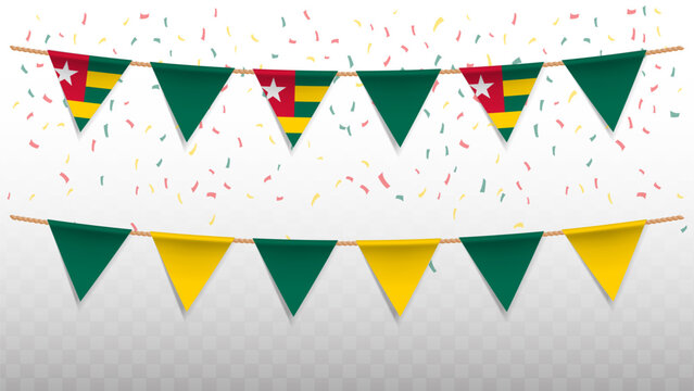 Vector illustration of the country flag of Togo with confetti on transparent background. hanging triangular flag for Independence Day celebration.