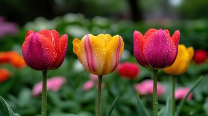 Fototapeta premium Colorful tulips in a park garden, vibrant blossoms