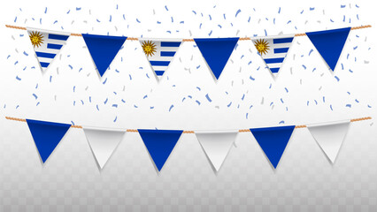 Vector illustration of the country flag of Uruguay with confetti on transparent background. hanging triangular flag for Independence Day celebration.