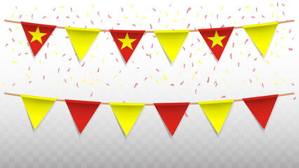 Vector illustration of the country flag of Vietnam with confetti on transparent background. hanging triangular flag for Independence Day celebration.