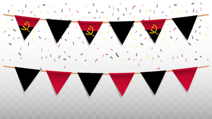 Vector illustration of the country flag of Angola with confetti on transparent background. hanging triangular flag for Independence Day celebration.