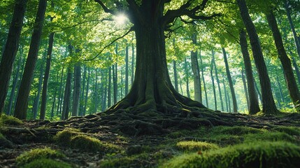 A lush green tree with dense foliage and visible roots. 
