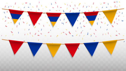 Vector illustration of the country flag of Armenia with confetti on transparent background. hanging triangular flag for Independence Day celebration.