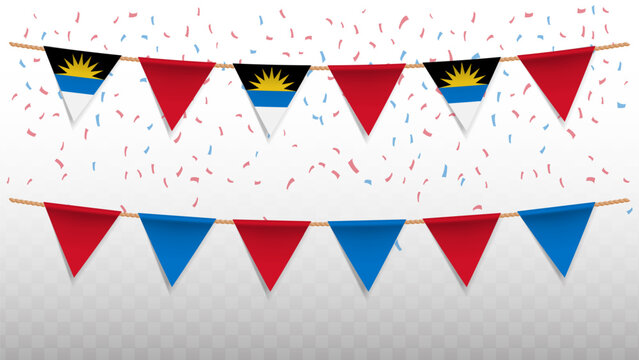 Vector illustration of the country flag of Antigua and Barbuda with confetti on transparent background. hanging triangular flag for Independence Day celebration.