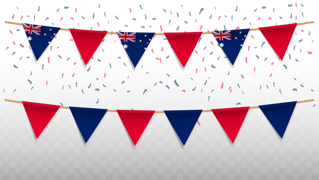 Vector illustration of the country flag of Australia with confetti on transparent background. hanging triangular flag for Independence Day celebration.