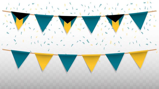 Vector illustration of the country flag of Bahamas with confetti on transparent background. hanging triangular flag for Independence Day celebration.