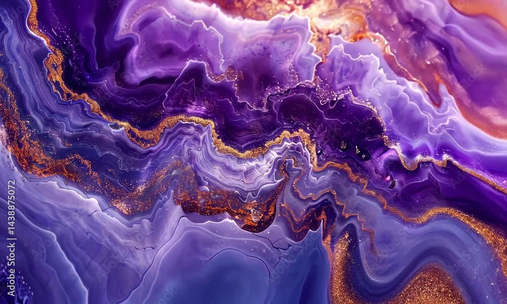 Poster dynamic flowing abstract purple and gold liquid art with mesmerizing swirl patterns