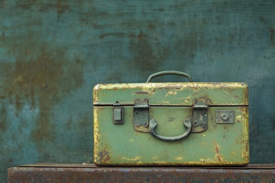 Vintage, weathered green metal box rests on a surface.