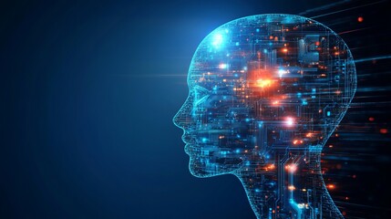 Obraz premium Abstract Digital Human Head Artificial Intelligence Network Technology Concept Futuristic Blue Orange Glow Lines Circuit Board Brain Data Processing 