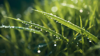 Close-up of wet grass with water droplets and reflections of light, giving a fresh and calming atmosphere