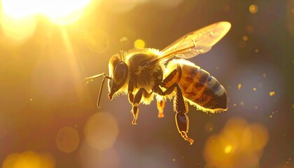 Naklejka premium Close-up of a single honeybee mid-flight gathering pollen