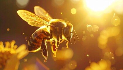 Naklejka premium Close-up of a single honeybee mid-flight gathering pollen