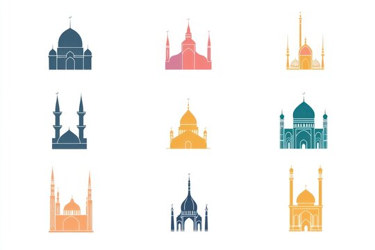 Nine colorful mosque icons in various architectural styles.