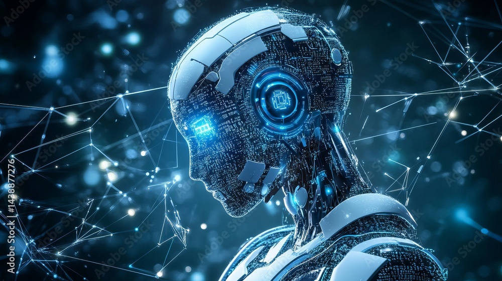 Aufkleber futuristic ai robot head digital art blue network technology abstract background modern artificial i