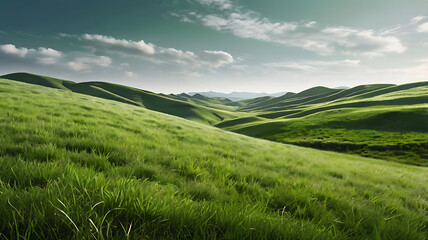 Fototapeta premium Landscape with green grass and blue sky a minimalist green meadow scene background 