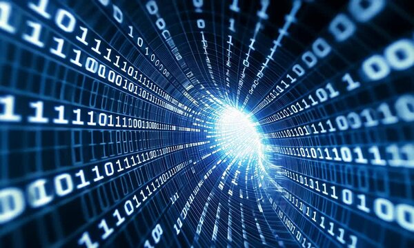 Futuristic digital data tunnel with glowing binary streams and dynamic motion