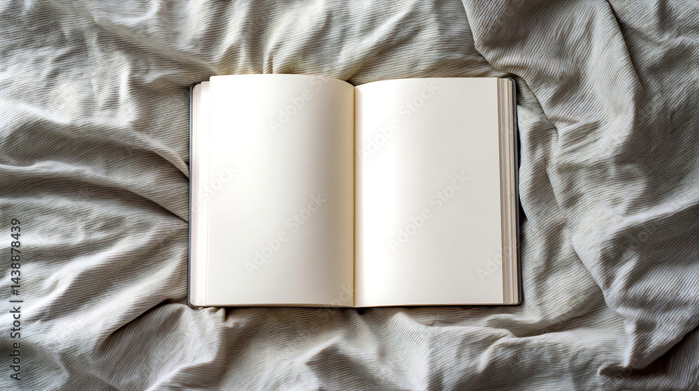 Poster A blank open book resting on soft wrinkled fabric creating a calm and tranquil setting for reflection or writing : Generative AI