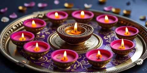 A beautifully arranged Diwali diya set on a decorative brass plate, with glowing oil lamps (diyas) radiating warm light and surrounded by rose petals.
