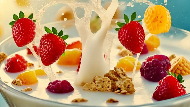 Dynamic exploding cereal splash with fruits in fresh milk