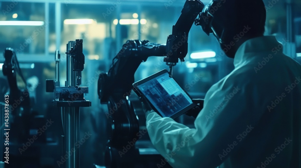 Leinwandbilder Industrial automation in a modern factory setting.  A technician interacts with a robotic arm, using a tablet for control and monitoring