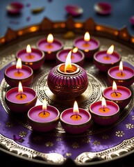 A beautifully arranged Diwali diya set on a decorative brass plate, with glowing oil lamps (diyas) radiating warm light and surrounded by rose petals.

