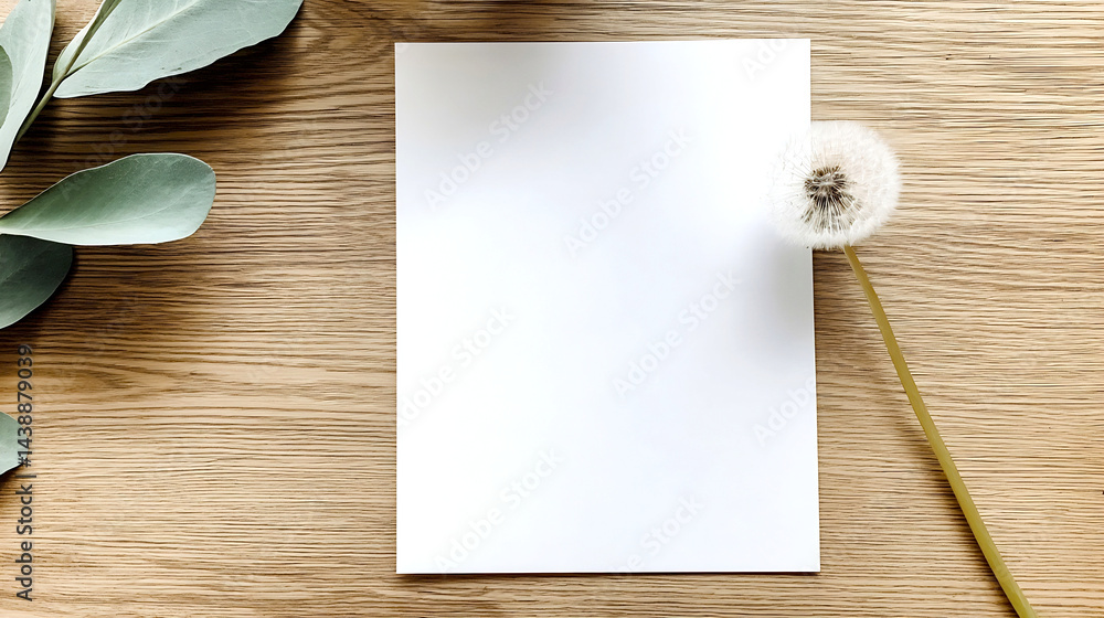 Poster blank white paper with a dandelion seed on a wooden surface ready for creativity : generative ai