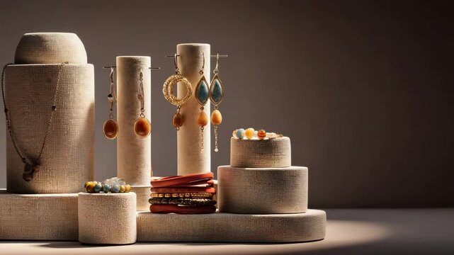 A collection of stylish earrings, bracelets, and necklaces displayed on textured stands under soft lighting.