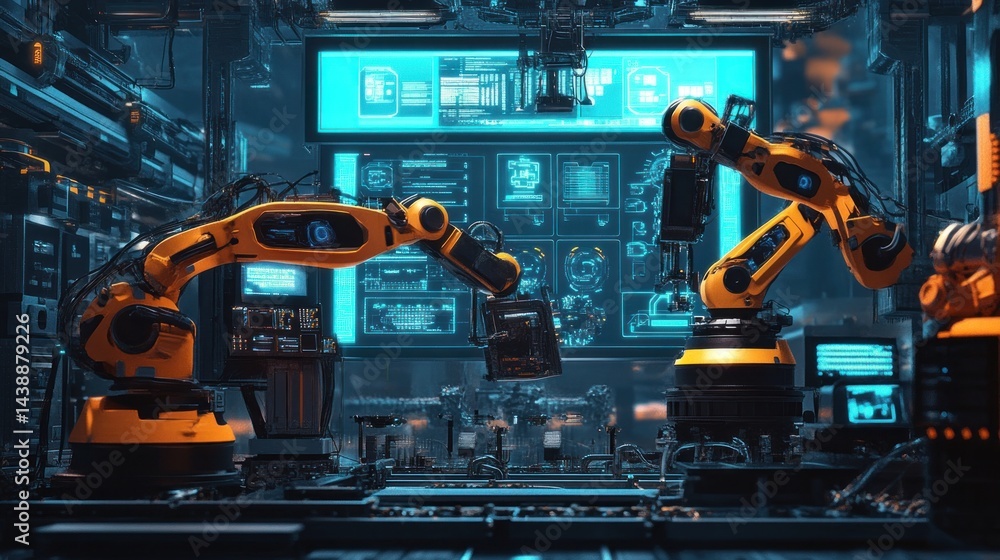Poster futuristic robotic arms in a high-tech factory. automated manufacturing process with advanced displa