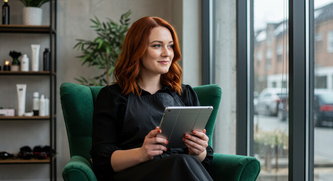 Redhead Stylist Planning Appointments: Woman with Tablet in Salon Chair, Beauty Business, Hairdresser, Copper Hair, Green Velvet, Window View - Powered by Adobe