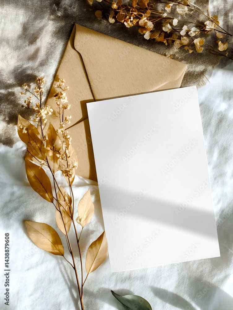 Poster elegant flat lay composition of dried flowers and blank greeting card on neutral background : genera