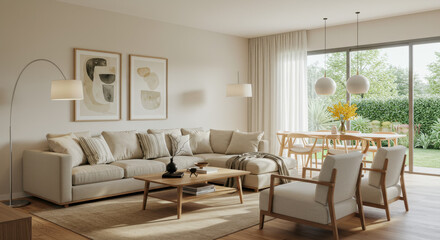 Fototapeta premium Cozy Modern Living: Light & Airy Interior Design with Neutral Tones, Stylish Furniture, and Natural Light. Home Decor Inspiration!