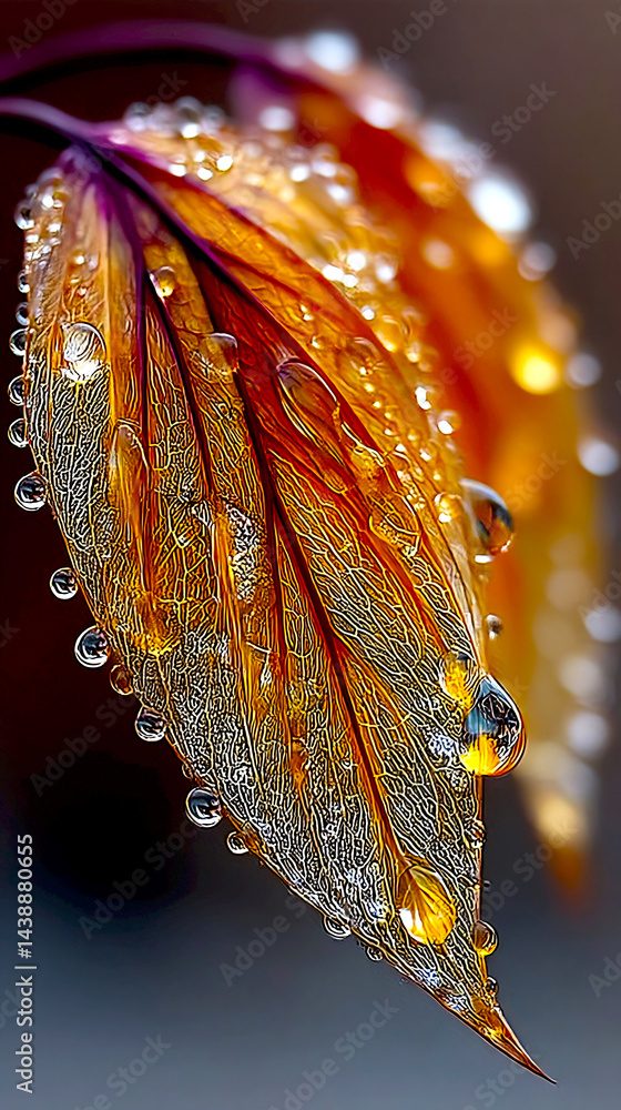 Aufkleber closeup of a beautifully textured leaf with droplets of water reflecting light for a stunning natura