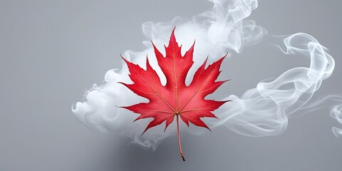 Fototapeta premium Vivid red maple leaf resting on a swirling bed of white smoke and mist, creating a bold contrast that symbolizes autumn, nature, and national identity. 
