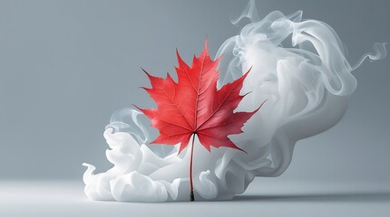 Fototapeta premium Vivid red maple leaf resting on a swirling bed of white smoke and mist, creating a bold contrast that symbolizes autumn, nature, and national identity. 