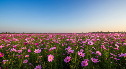 Pink Cosmos Flowers Blooming Field, Nature Landscape Suitable for backgrounds, web banners, and romantic themes