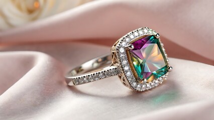 Close up of a square gemstone ring on a light pink satin fabric