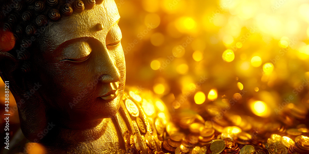 Poster Golden Buddha statue surrounded by coins representing wealth and prosperity illuminated by soft light : Generative AI