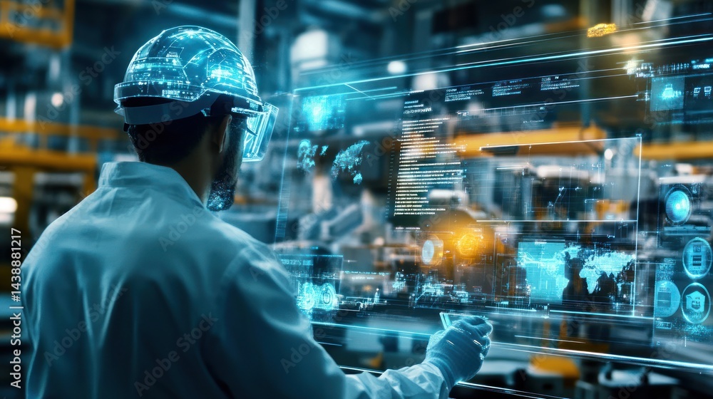 Poster factory worker interacting with augmented reality displays