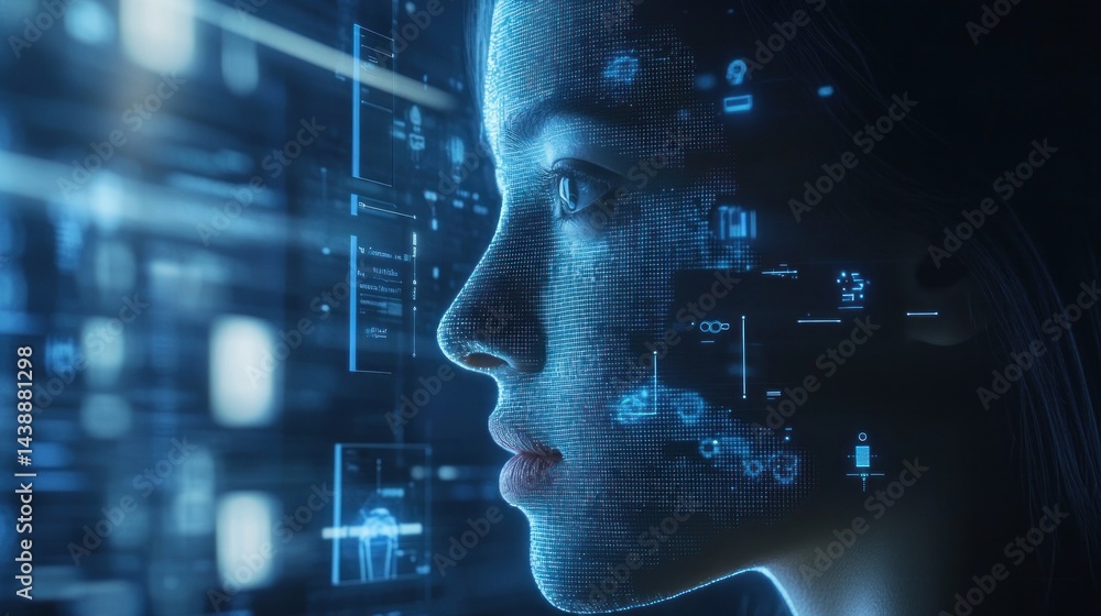 Fototapete Digital woman interacts with data streams.  Advanced technology visualized on a digital face