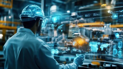 Factory worker interacting with augmented reality displays