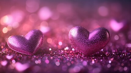 Fototapeta premium Sparkling Heart Emblems on Bed of Glitter, Romantic Valentine's Decoration