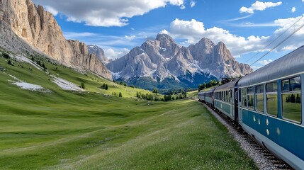 Scenic train journey through the Italian Alps. Lush green valley, towering mountains, and a vintage train