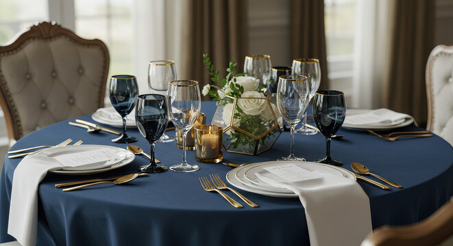 Elegant Table Setting: Blue Linen, Gold Accents, Fine Dining Decor, Wedding Inspiration, Luxurious Event, Dinner Party Setup