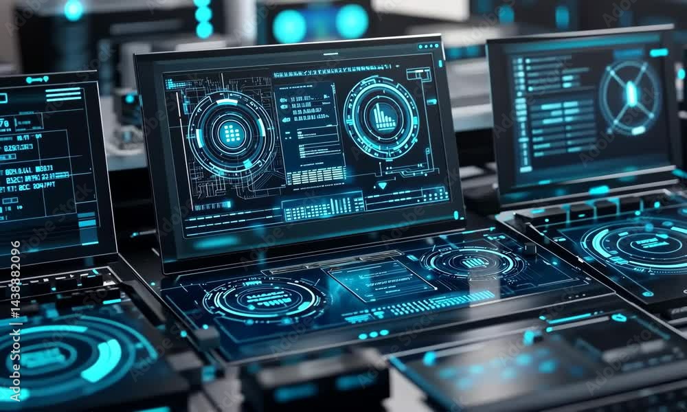 Poster advanced digital interfaces with futuristic holographic display technology in motion