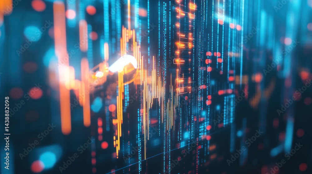 Poster abstract digital display of financial data, showing complex charts and code