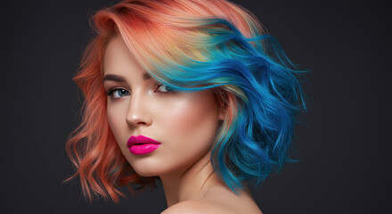 Fototapeta premium Vibrant Hues: Woman with Coral & Blue Hair, Bold Makeup, Modern Beauty Portrait - Style, Colors, Fashion